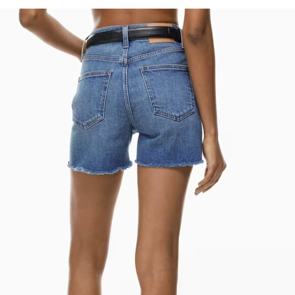 Denim Forum by Aritzia, The '50s Arlo Hi Mid-thigh Denim Short with frayed Hem - Picture 1 of 8
